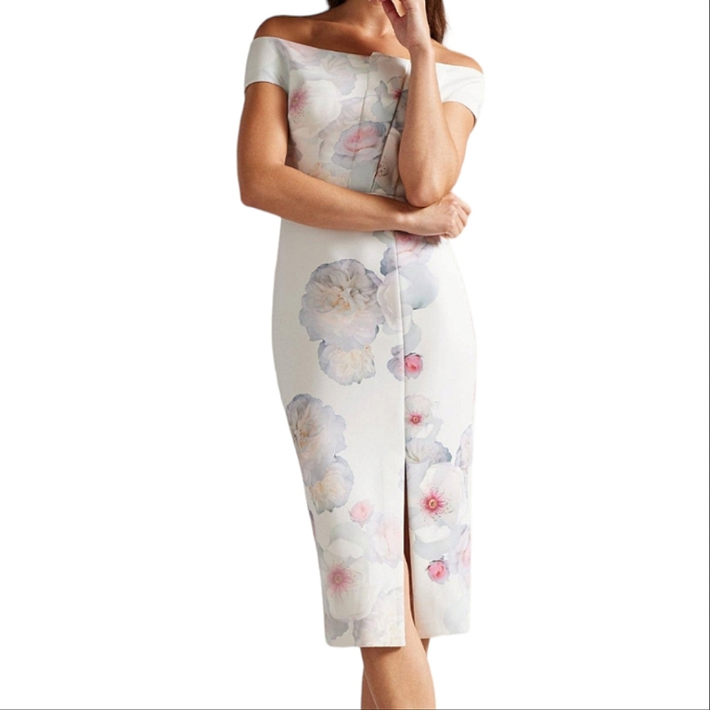 TED BAKER Lovez Short Bardot Sleeve Bodycon Pleated Floral White Dress